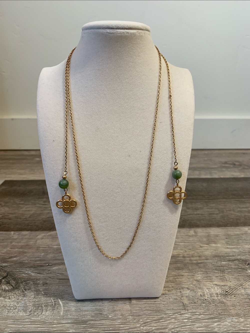 Gold-Tone Long Necklace with Green Bead and Clover Drop
